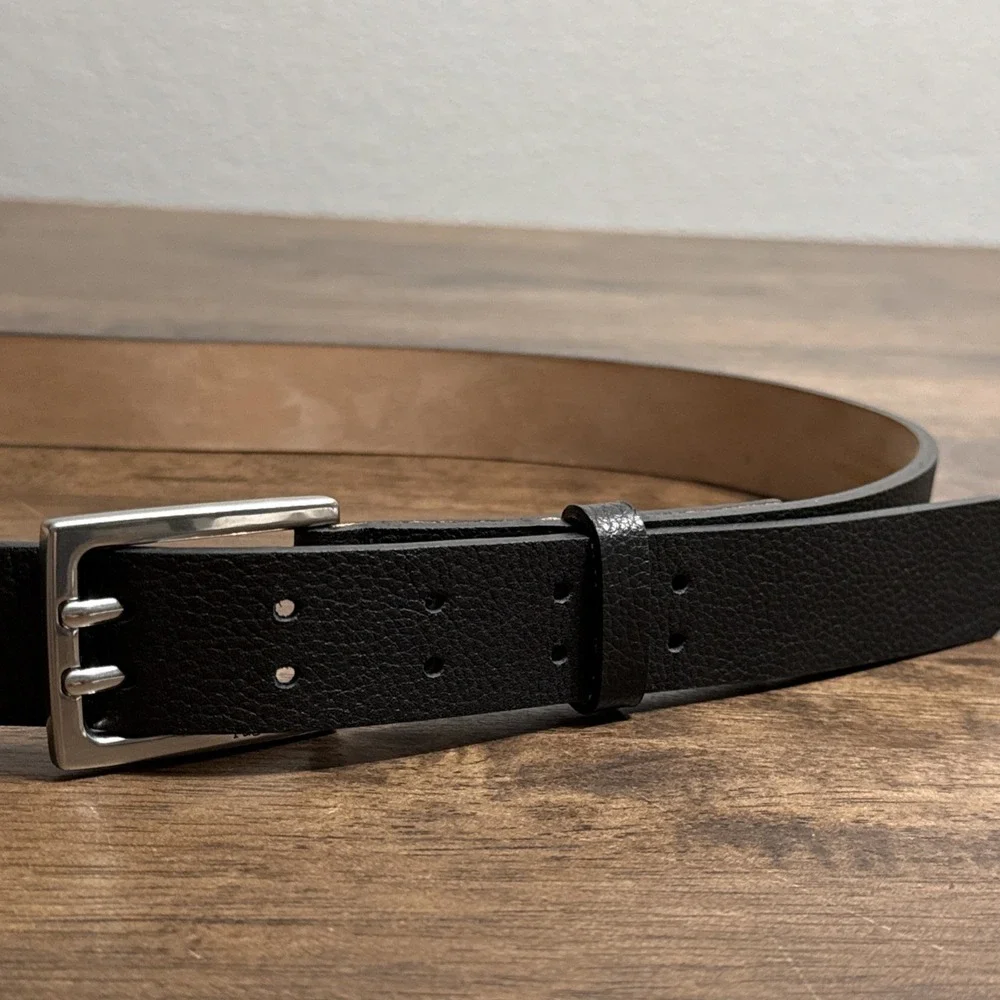 Rag & Bone Black Pebbled Leather Belt Size 36 Made In England Silver Tone Buckle